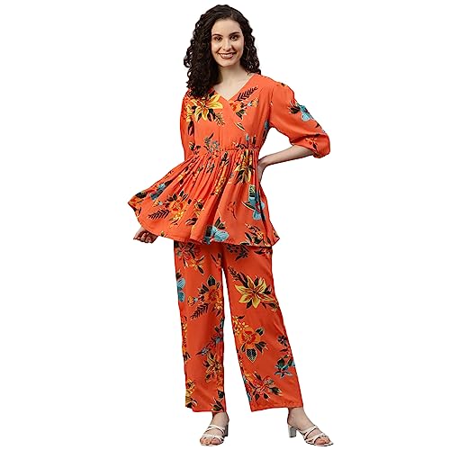 Image of DEEBACO Women's Floral Rayon Flared Tunic & Straight Pants Co-Ord Set for Women V-Neck & 3 /4 Puff Sleeve Ladies Party Casual Wear Fashionable for Girls Relaxed Fit Cord Set (Orange)