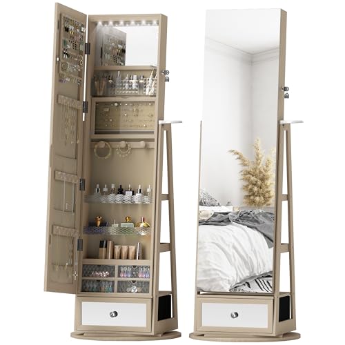HOMCOM Espejo Joyero con Luces LED, Armario para Joyas, Armario Joyero de Pie con Espejo Cuero Entero, Soporte para Secador, Giratorio de 360°, Cajón, Cerradura, Estantes Abiertos, Natural y Beige