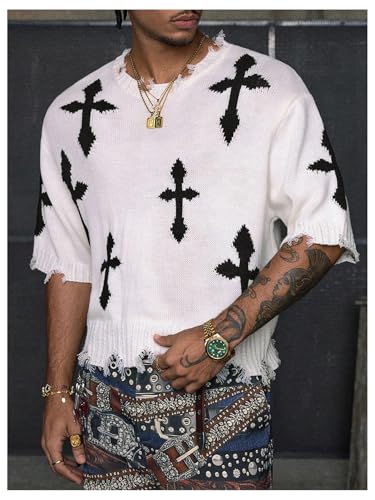 Men's Gothic Short Sleeve Sweater Cross Graphic Raw Trim Y2K Knit Pullover Top Streetwear2