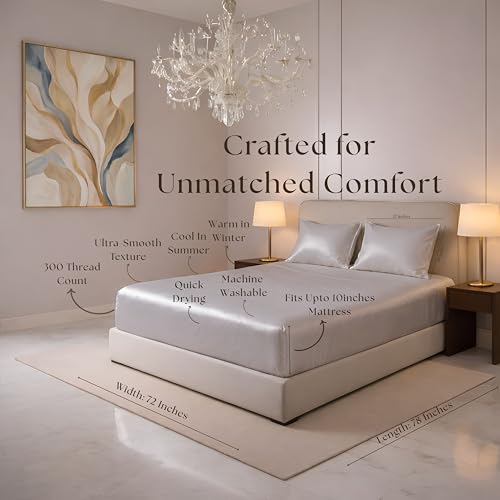 Image of Luxe Ere Elastic Fitted Satin Bedsheet King Size (78x72) with 2 Pillow Covers, Ultra-Smooth 300TC Silky Fabric, Perfect for Home Decor, Gifting & Romantic Escapes- Moonstone Grey