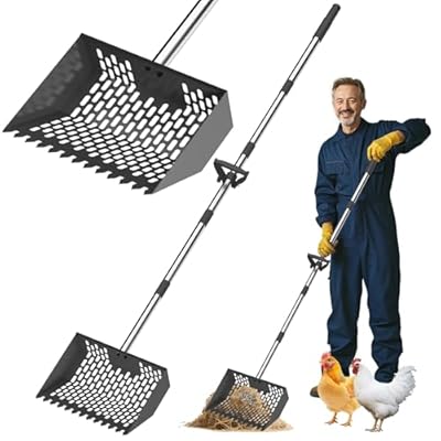 Chicken Poop Scooper & Rake, Metal Sifting Shovel 10" Wide Metal Head, Adjustable Handle to 74", Chicken Coop Scooper with Adjustable Handle for Chicken Coop & Pet Waste Cleaning