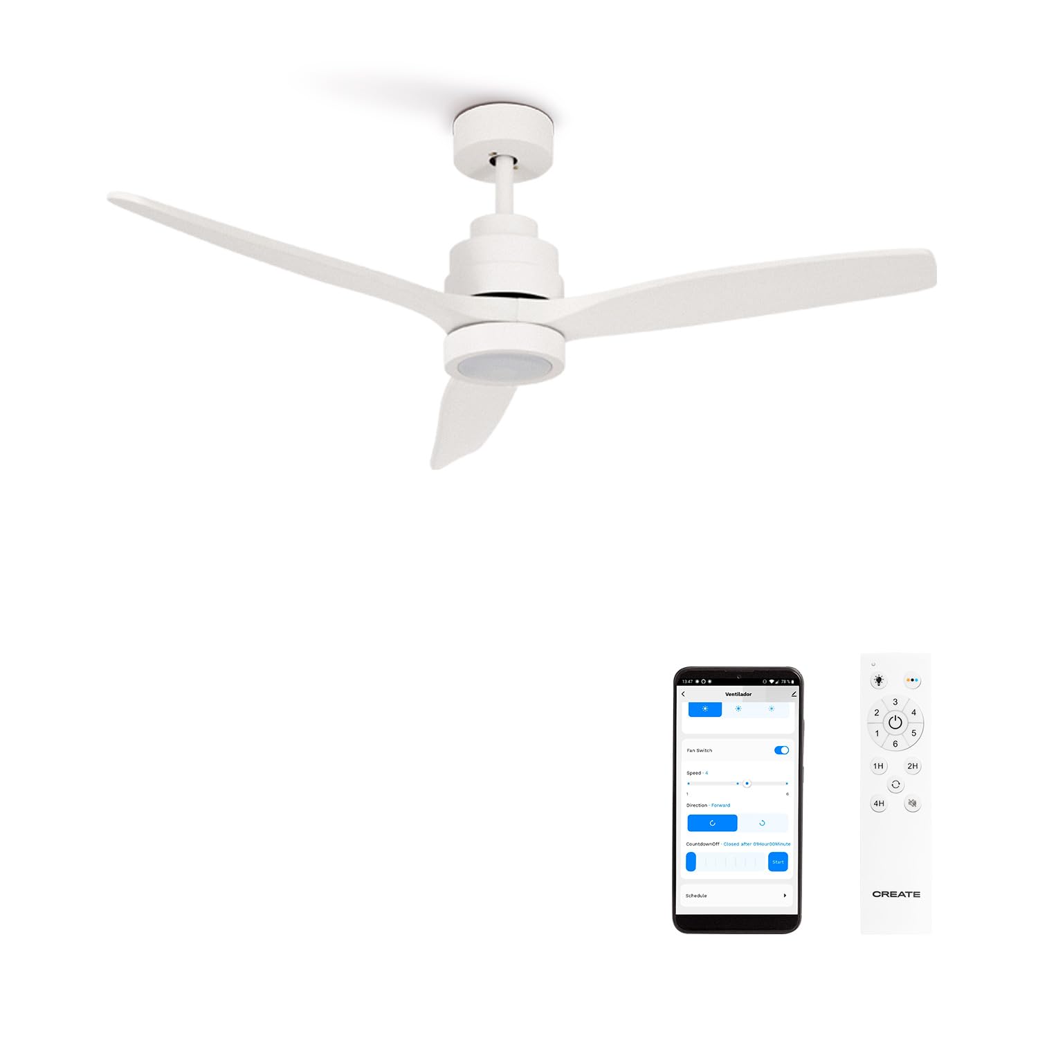 CREATE / WINDSTYLANCE DC/Ventilador de techo con luz blanco con Wifi y mando / 40W, Silencioso, Ø132 cm, 6 velocidades, temporizador, verano-invierno, doble altura, motor DC