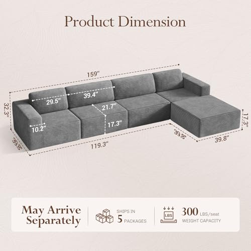 Image of Vesgantti 159 inch Large Modular Sectional Sofa, L-Shaped Corduroy Cloud Couch with Deep Seats & Spring Support, 4-Seater Boneless Sofa with Movable Ottoman, No Assembly Needed, Grey
