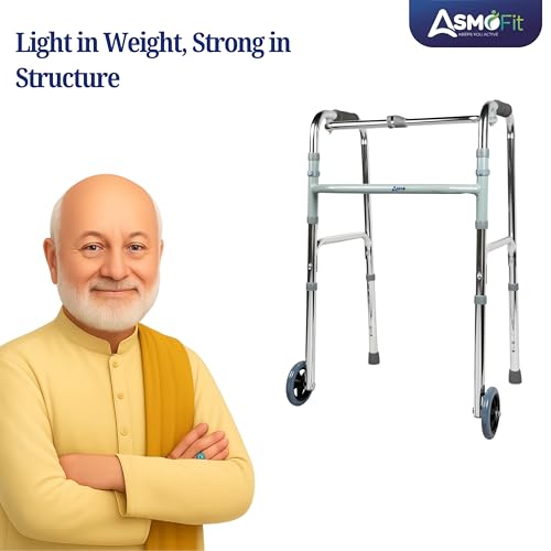 Image of ASMOFIT Foldable Walker with Wheels - Lightweight, Adjustable Height, Sturdy Frame for Elderly Support, Easy Mobility Aid for Seniors