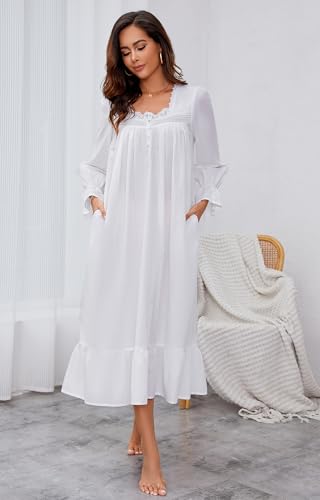 AVIIER 100% Cotton Nightgowns for Women Long Sleeve House Dress Ladies Sleepwear with Pockets3