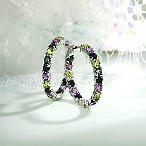 Supermodel Multicolor Natural Gemstone Hoop Earrings Natural Amethyst For Women 925 Sterling Silver 4.0 Mm Blue Topaz Peridot Earrings Birthstone Jewelry #TOP4