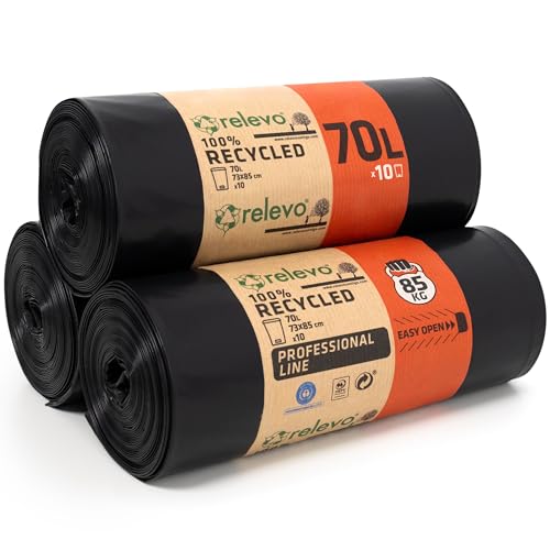 Relevo Bolsas de Basura Negras Profesionales – 70L (Ancho 73 cm × Alto 85 cm), 30 Bolsas (3 Rollos × 10 Bolsas) | Extra Fuertes y Antigoteo | 75 µm (Micras) | 100% LDPE Reciclado