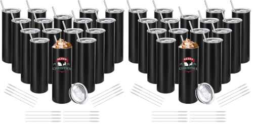 Image of YOUKE OLA 32 Pack Stainless Steel Skinny Tumblers Straight Double Wall Insulated Tumbler Bulk with Lid and Straw for, DIY Gift, 20oz Black