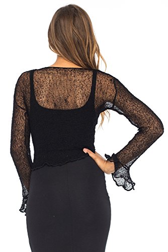 Back From Bali Womens Sheer Shrug Bolero Long Sleeves Cropped Cardigan Lite Bell Sleeves Black L/Xl #TOP2