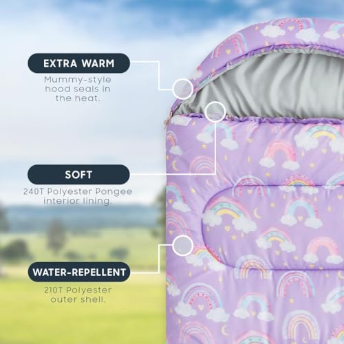 Wake In Cloud - Bolsa de Dormir para Niñas, Camping en Clima Frío y Cálido, Ligera y Compacta para 3 Temporadas, Diseño Arcoíris miniatura 3