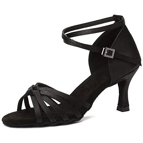 HIPPOSEUS Women' Latin Dance Shoes Open Toe Satin Ballroom Salsa Dance Shoes Suede Sole,Black,4 UK Cover