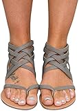 Womens Summer Cross-Tied Sandal Crisscross Straps Zipper Up Flat Thong Sandals Plus Size Flat Roman Criss-cross Shoes Leather Gladiator Sandal (Gray,10.5)