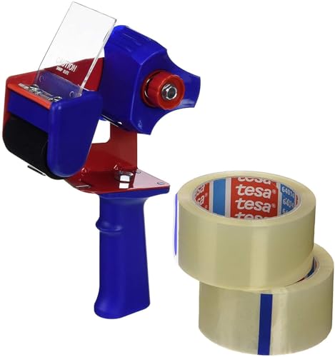 tesa Dispensador de Cintas de Embalaje y tesapack Fuerte en Set , 2 Cintas de para Embalajes con 1 Dispensador , Transparente , 66 m x 50 mm