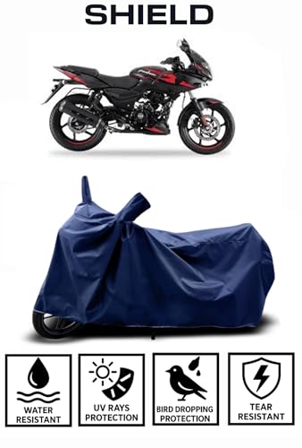 Image of Shield Heavy Duty Bike Cover for Bajaj Pulsar 220f | All-Season, Tear-Proof Fabric | with Side Mirror Pocket & Buckle Belt | Bajaj Pulsar 220f Bike Cover (Blue)