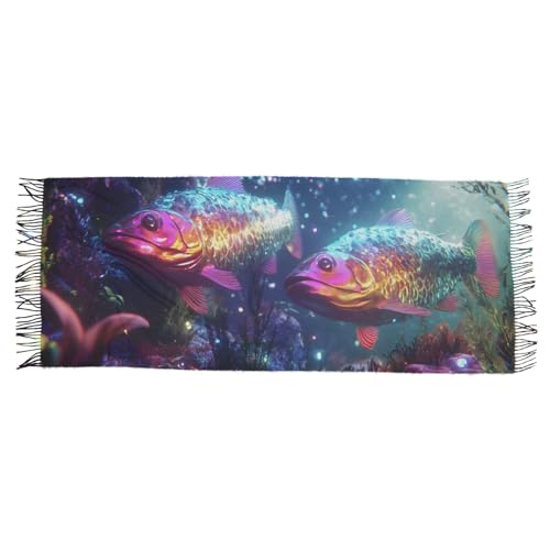 AIXIWAWA Women's Pashminas Scarf Neon Fishes Print, Shawls Wrap Lightwight with Tassel for Evening Dress Dinner Party