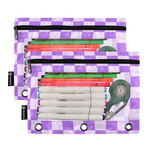 Image of Purple Grid Pencil Pouch for 3 Ring Binder with Zipper 2 Pack Binder Pouches Cosmetic Bag with Clear Window