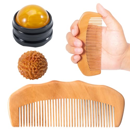 SIMPOR 3-in-1 Labor Comb and Massage Ball Set Wooden Birth Comb with Acupressure Spiky Ball and Roller Natural Wood Labor and Delivery Essentials for Pain Management Pregnancy and New Mom Gifts