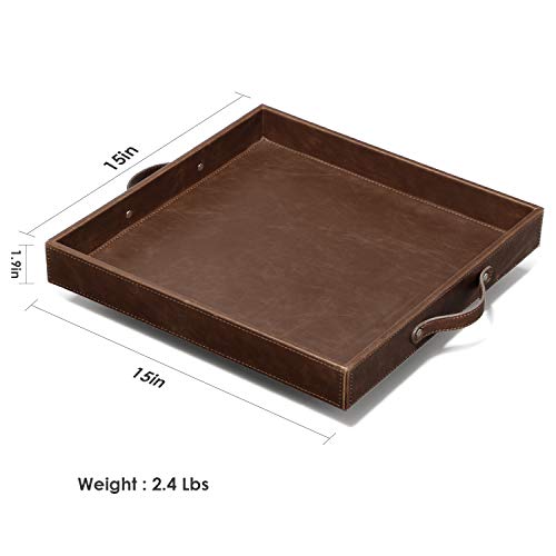 Ranslen Square Leather Serving Tray With Handles, 15"X15" Table Trays For Ottoman Coffee Table, Decorative Tray For Home Organizer Living Room Kitchen Food Tray, Breakfast Tray In Bed, Brown #TOP3