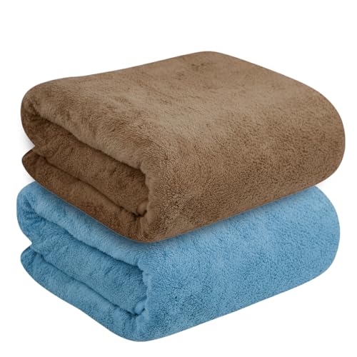 Image of Dribble Coral Fleece Weft Knitting 400 GSM Bath Towel 70 cm x140 cm | Ultra Soft, Quick Dry, Highly Absorbent | Lightweight & Skin-Friendly Towel for Bathroom, Gym & Travel, (Brown /Blue, Pack of 2)