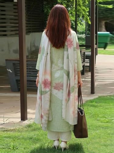 Image of ANNI Designer Women Cotton Blend Straight Fit Printed Kurta Pant Dupatta Set | V Neck Three Quarter Sleeve Ensemble | Soft Breathable Fabric | Comfortable Elegant Styling for Office Casual Wear