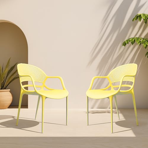 Image of DIYA Sunset Balcony & Terrace Plastic Chair | Comfortable Outdoor Arm Chair | Home, Garden & Living Room | Strong PP Body, 1-Year Warranty - Set of 6 (Lemon Yellow)
