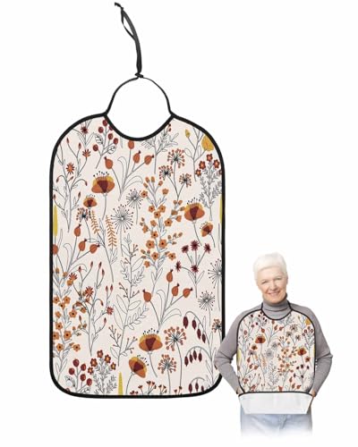 Fall Flower Leaf Adult Bib for Adults Men, Women, Botanical Plant Fruits Brown Pink Washable & Adjustable Terry Cloth Bib with Crumb Catcher Reusable Waterproof Clothing Clothes Protector Apron