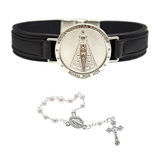 Pulseira de Couro Magnética Feminina Preta Nossa Senhora Aparecida Fundo Prata Religiosa Estilo Relógio + Terço (23cm)