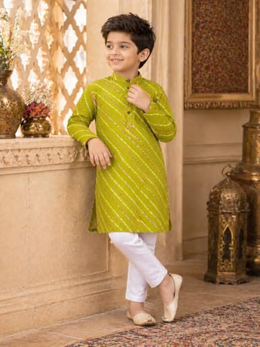 Image of superminis Cotton Boys Sanganeri Lehariya Printed Kurta Set with White Pyjama Elastic Closure
