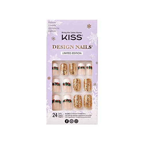 KISS Special Design Limited Edition Holiday Fake Nails, Style ‘Silver Bell’, Multi-Colored Medium Square, with Nail Glue, Mini File, Manicure Stick & 24 False Nails