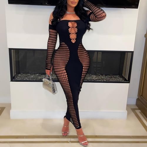Image of Women's Sexy Off Shoulder Mesh Bodycon Hollow Out Club Long Dress (US, Alpha, Small, Regular, Regular, Black)