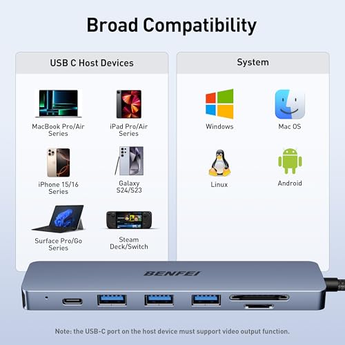 Image of BENFEI USB C HUB 7-in-1 with HDMI(4K@60Hz,Certified), 100W Power Delivery, 3*USB 3.0, SD /TF Card Reader(160MB /s) Compatible with iPhone 15 Pro /Max, MacBook, iPad Pro, iMac, S23, XPS17