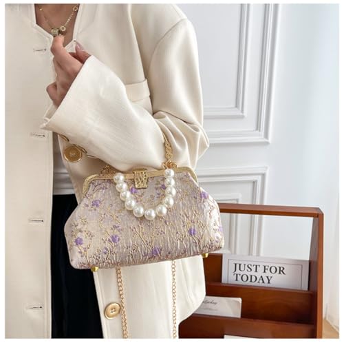 Image of Pearl Evening Bag for Women Lily Pattern Vintage Embroidered Floral Clutch Purse Evening Handbag Shoulder Crossbody Bags