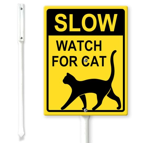 Horienteeon Slow Watch for Cat Yard Sign with Stakes 20×30cm, Sturdy Aluminum Yard Signs Easy Mounting, Pets At Play Safety signs for Street, Street Slow Down Animals Crossing Sign