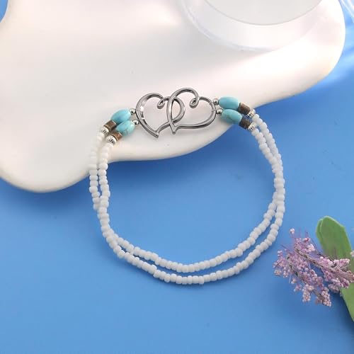 Image of Elastic Beaded Ankle Bracelets for Women Double Heart Layered Stretch Ankle Bracelets Waterproof Dainty Boho Beaded Anklets for Summer Beach Foot Jewelry