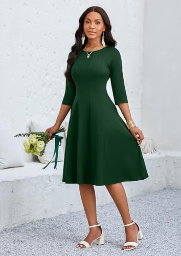 Image of CLOCOR Casual Midi Dresses for Women A-Line Fit and Flare Elegant Church 3 /4 Sleeve Crew Neck Dress with Pocket