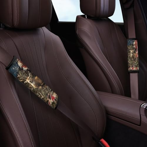 Image of AFPANQZ American Flag with Deer Car Safety Seat Belt Cover 2 Pack Truck Vans Sedans SUVs Seat Belt Pad Cushion Comfortable Shoulder Protectors Cover Cushion