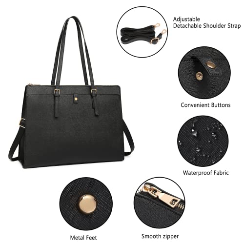 Laptop Bag for Women 15.6 Inch Laptop Tote Bag Women Leather Computer Briefcase Bag Large Capacity Waterproof Work Bags for Business Office Black3