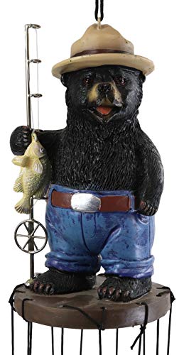 Ebros Gift Rustic Western Country Fishing Hillbilly Black Bear With Rod And Bass Figurine Crown Top Resonant Wind Chime With Miniature Ornamental Caught Fishes For Garden Patio Home Decorative Accent #TOP5