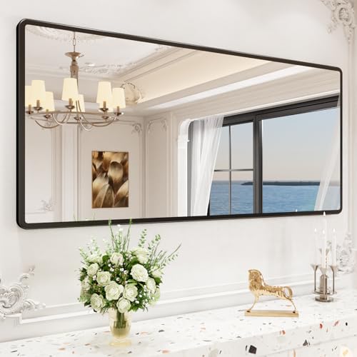 New Upgrade Bathroom Mirror, 60X28 Inch Black Metal Frame Wall Mounted Rounded Rectangle Bathroom Vanity Mirror with Tempered Glass for Washroom Bedroom Living Room