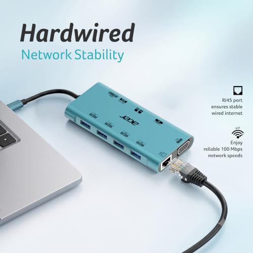 Image of Acer MultiLink 11-in-1 USB-C Hub | 4K HDMI, VGA, Gigabit Ethernet, 100W PD Charging, USB 3.0 5Gbps, SD /TF Card Reader | 3.5mm Audio, Plug & Play Docking Station for Laptop & Compatible USB-C Devices