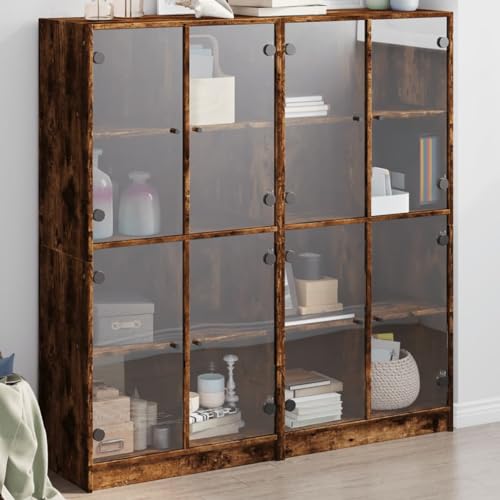 WHOPBXGAD Bibliothèque Vitrée Moderne en Chêne Fumé 136 cm, Étagère de Rangement Livres avec 16 Cases et Portes en Verre, Meuble de Salon Bureau Design...