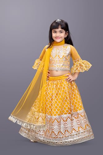 Image of Girl's Princess Lehenga Choli Set - Soft Net, Ribbon Embroidery With Duppata, Readymade