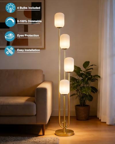 Image of Lightdot Gold Floor Lamp 4-Lights Dimmable Floor Lamps with Cylinder Shade 3000K Bulbs Included Unique Modern Standing Tall Lamp with 5Lbs Heavy Base for Living Room /Bedroom /Sofa Beside /Corner Decor
