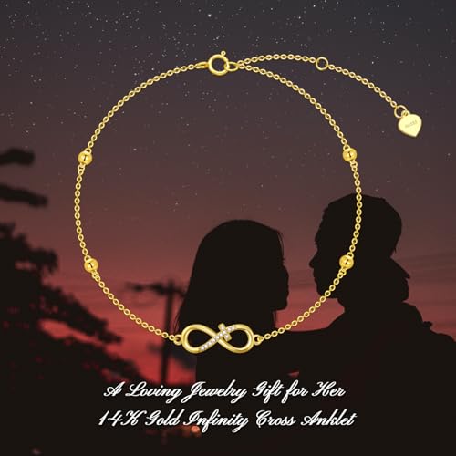 Image of 14K Gold Infinity Anklet for Womens, Yellow Gold Cross Foot Ankle Bracelets Anniversary Jewelry Gifts for Her, Mom, Wife 8-10Inch
