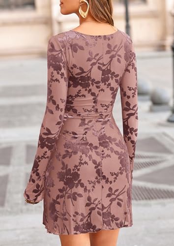 Image of PRETTYGARDEN Women's Fall Floral Long Sleeve Mini Dress | Printed Sheer Mesh, Bell Sleeve Boat Neck, Bodycon Short Dresses, Party Date Night, Cute Casual Outfits, Fashion Clothing