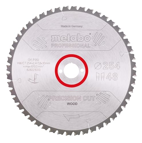 metabo Kreissägeblatt - 254 x 30 mm, Zähnezahl: 48, Zahnform: WZ, Spanwinkel: 5° neg - Präzisionsschnitt für Holz, Profiqualität, vibrationsarm - Für Weich-/Hartholz, MDF, Spanplatten, Schichtholz metabo Kreissägeblatt - 254 x 30 mm, Zähnezahl: 48, Zahnform: WZ, Spanwinkel: 5° neg - Präzisionsschnitt für Holz, Profiqualität, vibrationsarm - Für Weich-/Hartholz, MDF, Spanplatten, Schichtholz