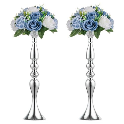 2 Pcs Versatile Metal Flower Arrangement, Candle Holder Stand Set Candlelabra for Wedding Party Dinner Centerpiece Event Road Lead Restaurant Hotel Decoration (Silver, 19.7