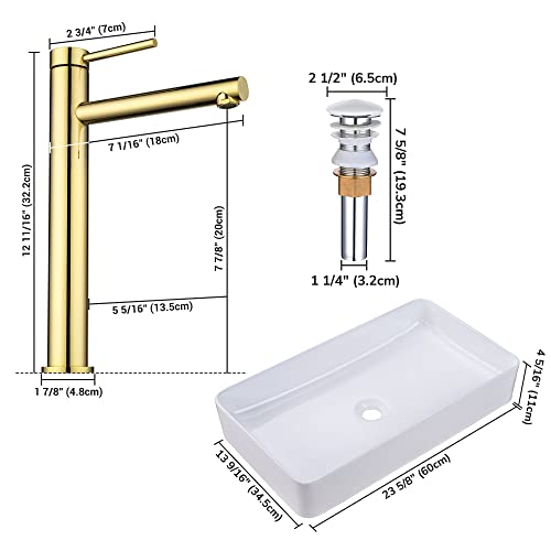 Aquaterior Vessel Sink With Faucet And Drain Combo 23" X 13" Ceramic Bathroom Sink Gold Bathroom Faucet Set & Pop Up Drain Commercial Single Hole Vanity Mixer Bar Tap (Cupc Nsf Cec) #TOP7
