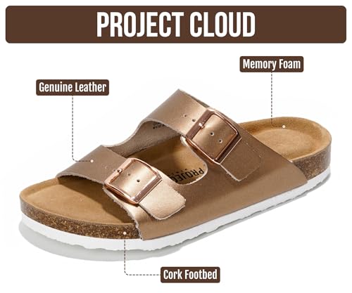 Image of Project Cloud 100% Genuine Leather Flat Sandals For Women 2026 Cork Footbed Womens Sandals with Memory Foam and arch support Vacation Essentials Slides for Women Footwear (Venita)
