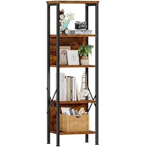 Furologee 5 Tier Tall Bookshelf with Back, Display Narrow Bookcase, Industrial Storage Corner Shelves Organizer for Bedroom, Living Room, Entryway, Kitchen, Rusitc Brown